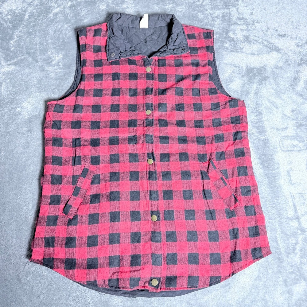 Sunshine & Rodeos Womens XL Red Black Buffalo Plaid Quilted Snap Front Vest